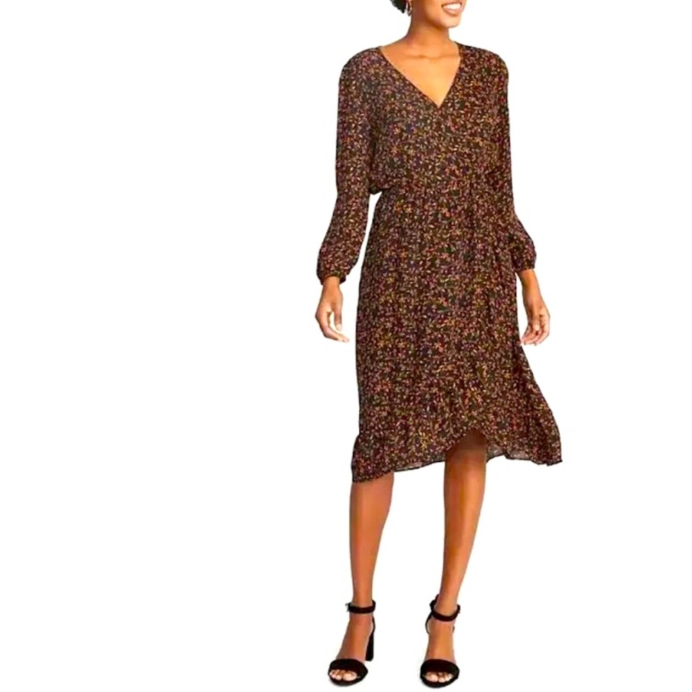 Georgette 🖤 Floral Faux-Wrap Midi Dress Black Medium by On Navy